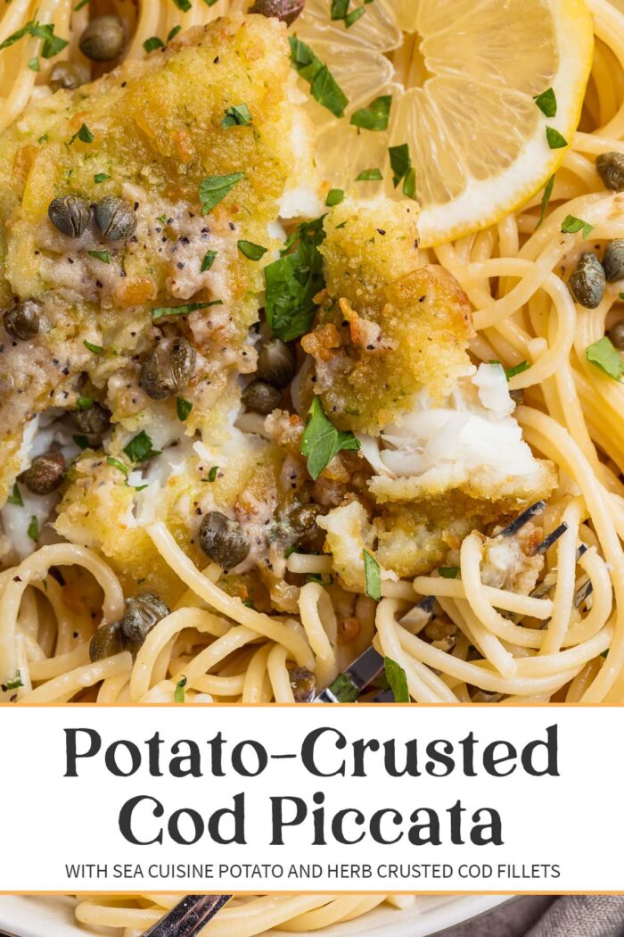 Pin graphic for potato-crusted cod piccata.