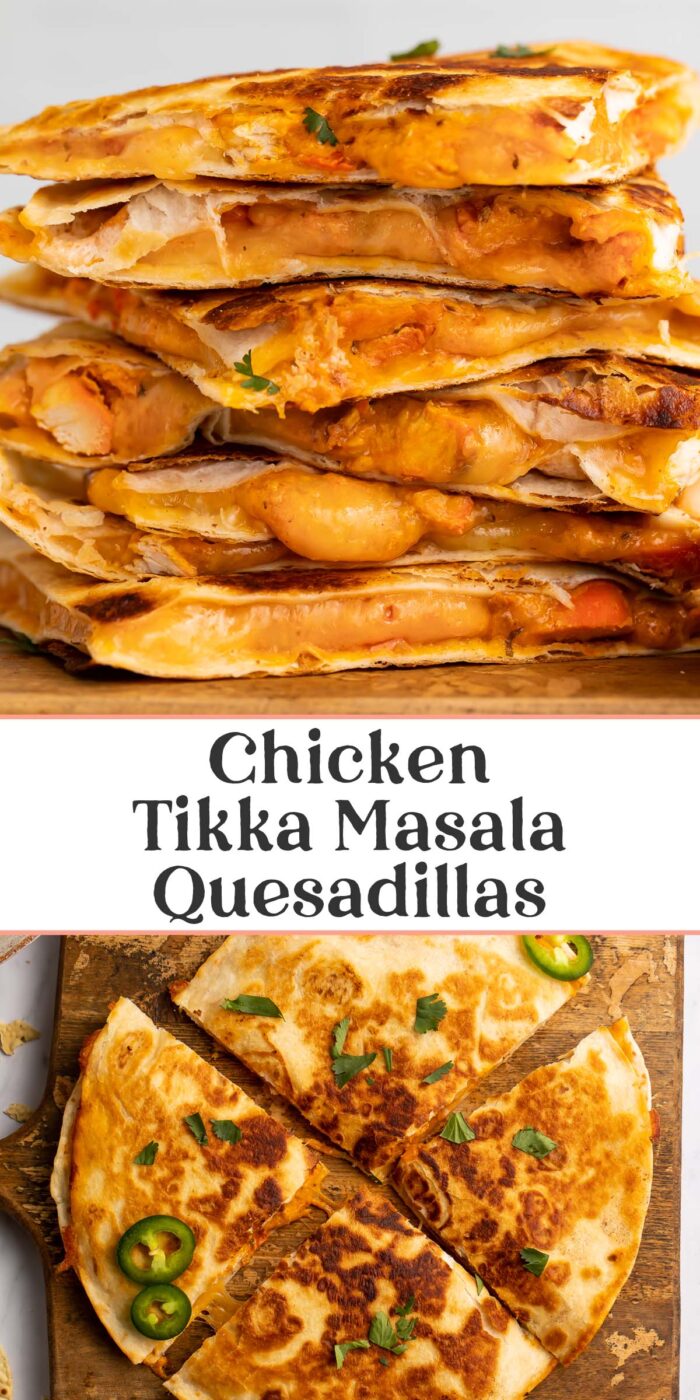 Pin graphic for chicken tikka masala quesadillas.