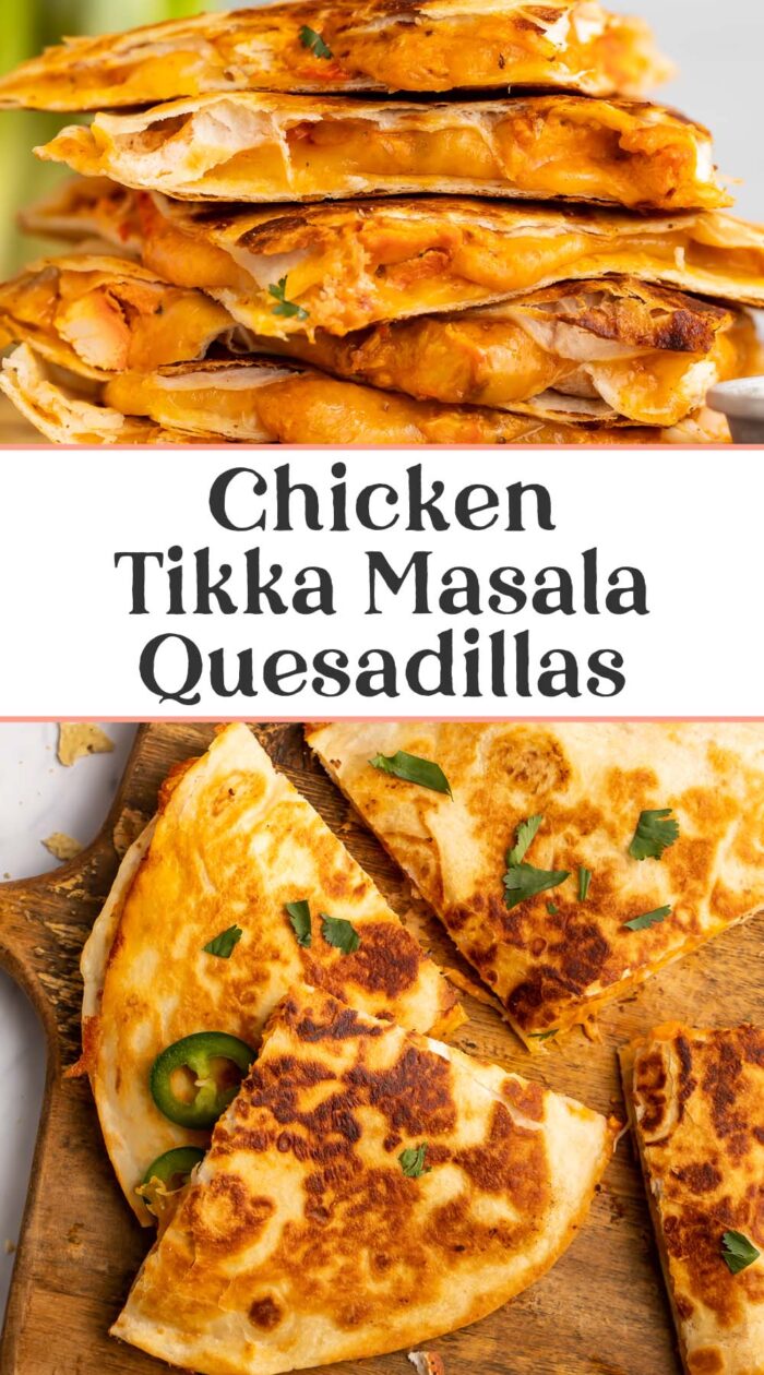 Pin graphic for chicken tikka masala quesadillas.