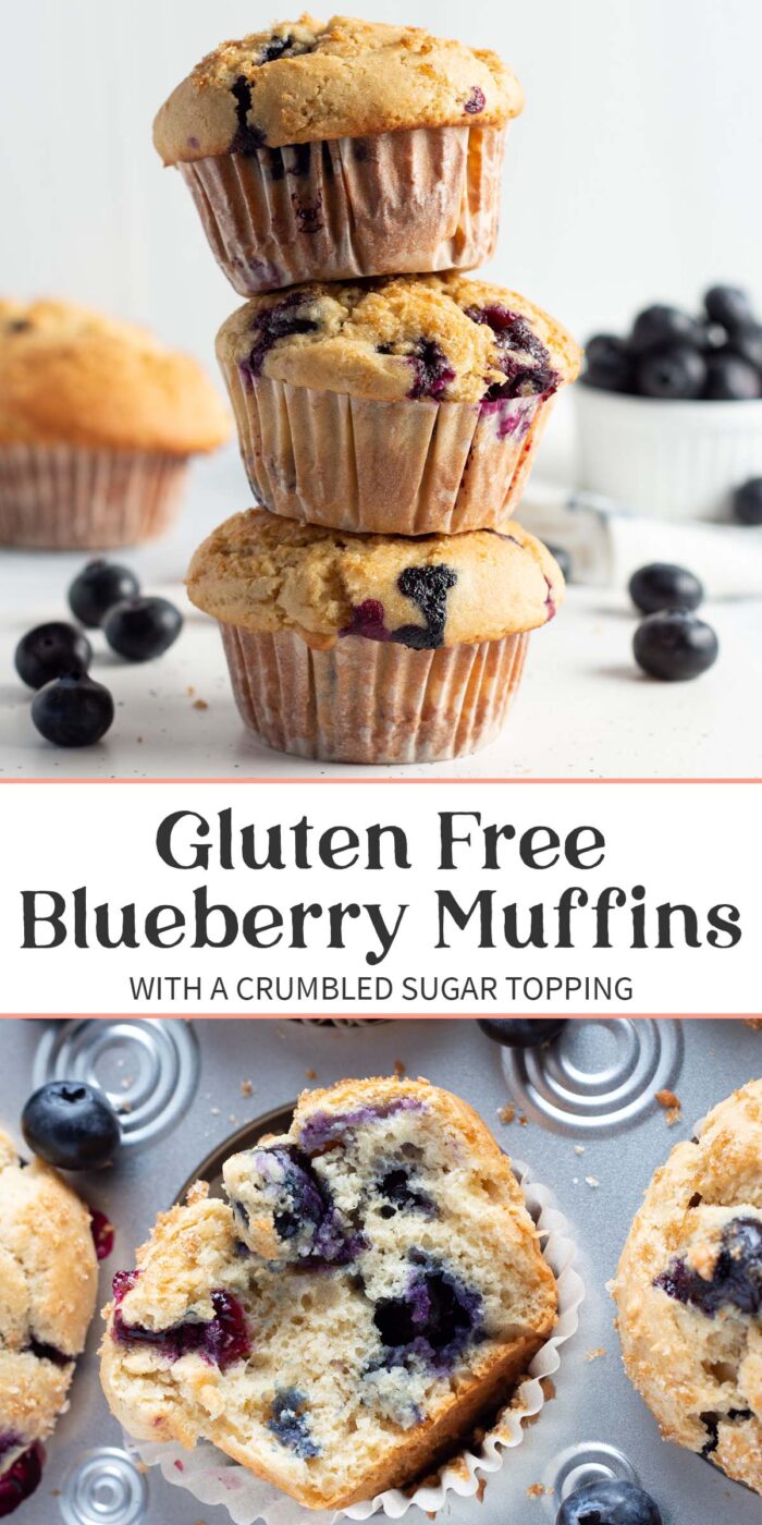 Pin graphic for gluten free blueberry muffins.