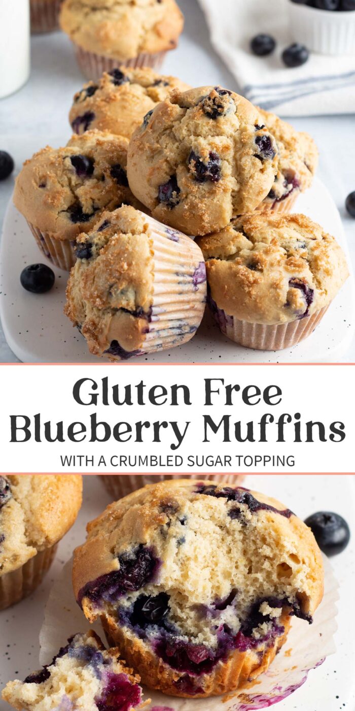 Pin graphic for gluten free blueberry muffins.