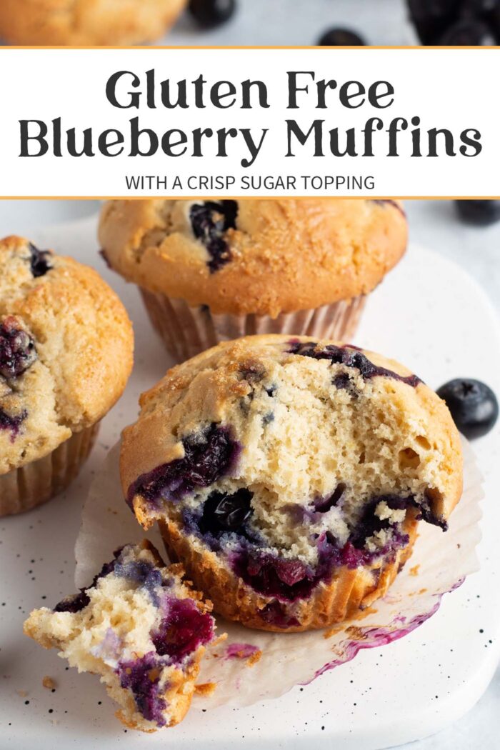 Pin graphic for gluten free blueberry muffins.