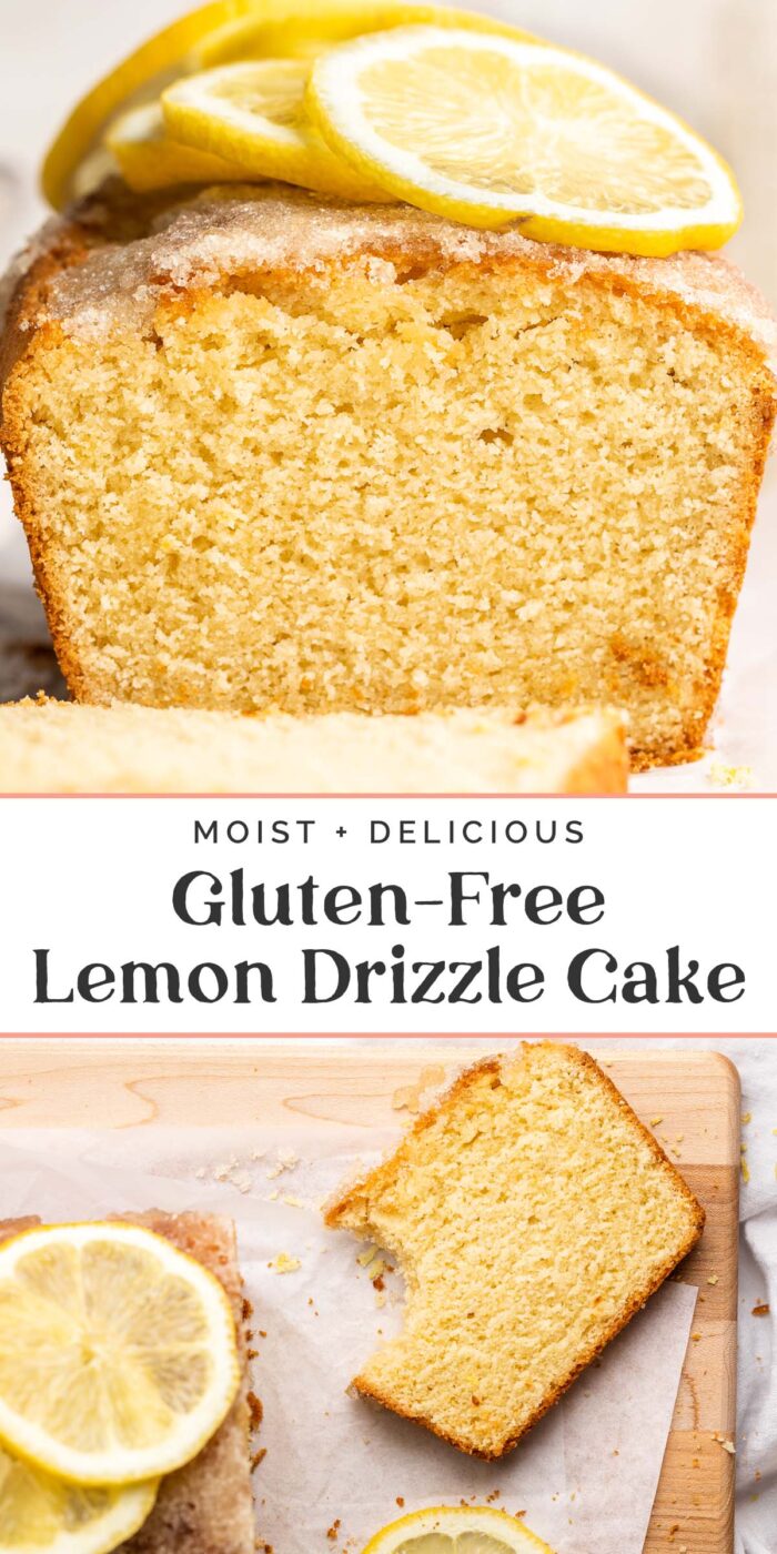 Pin graphic for gluten-free lemon drizzle cake.