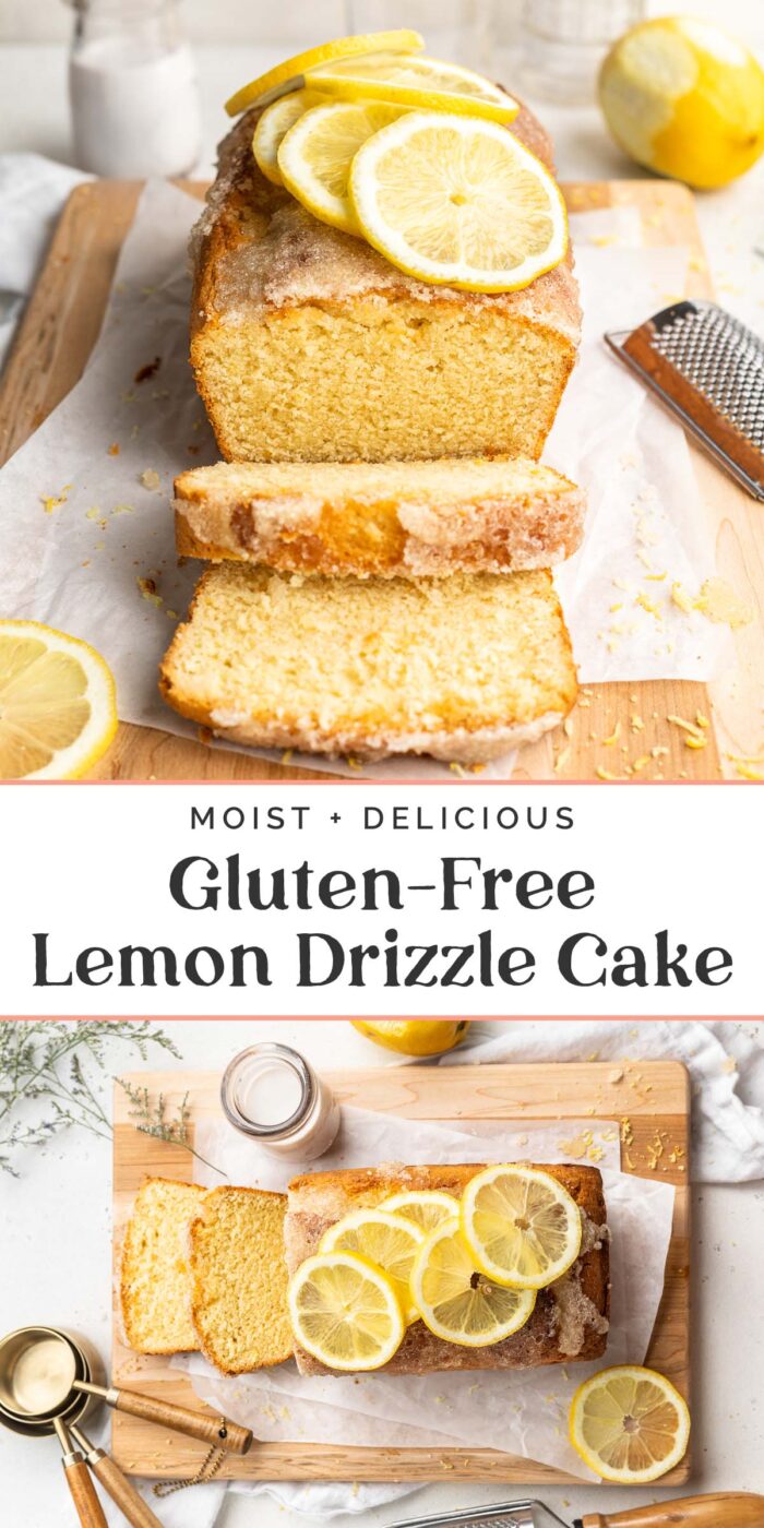 Pin graphic for gluten-free lemon drizzle cake.