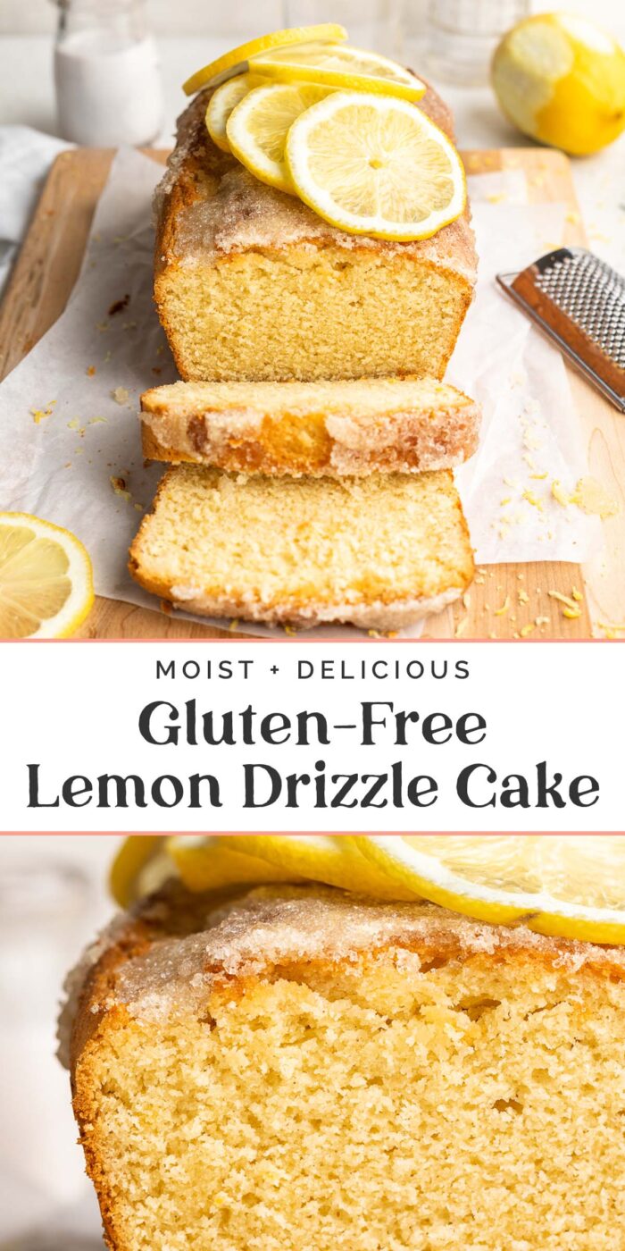 Pin graphic for gluten-free lemon drizzle cake.