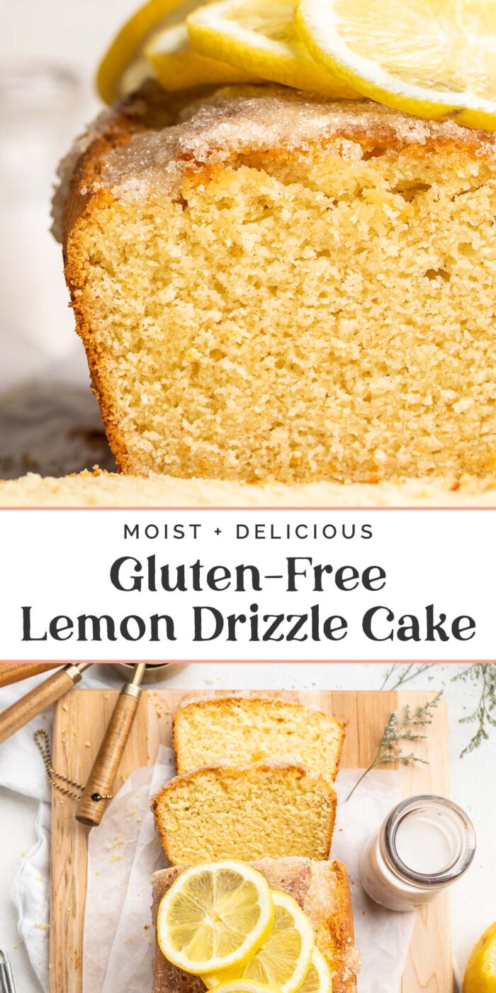 Pin graphic for gluten-free lemon drizzle cake.