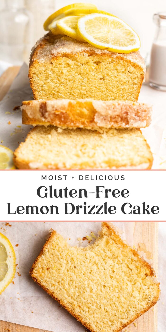 Pin graphic for gluten-free lemon drizzle cake.