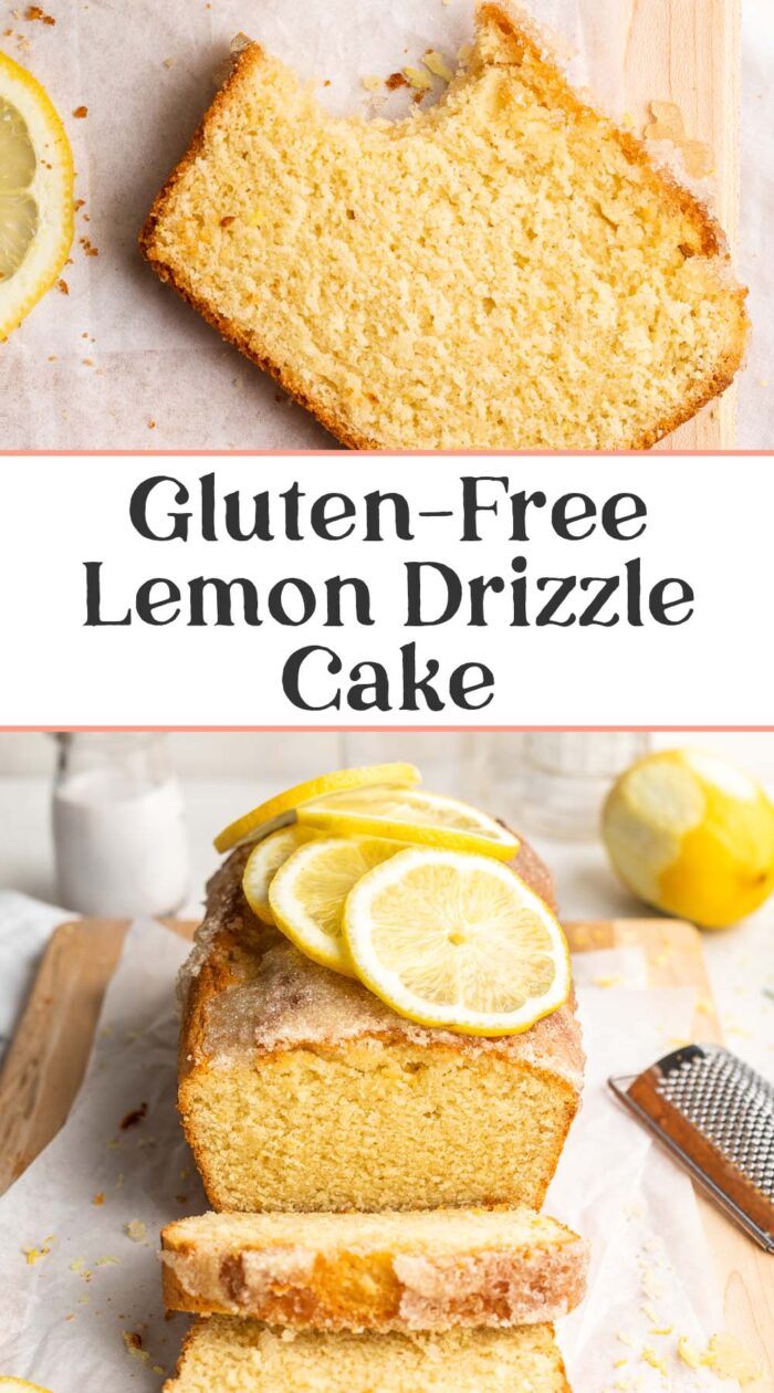 Pin graphic for gluten-free lemon drizzle cake.