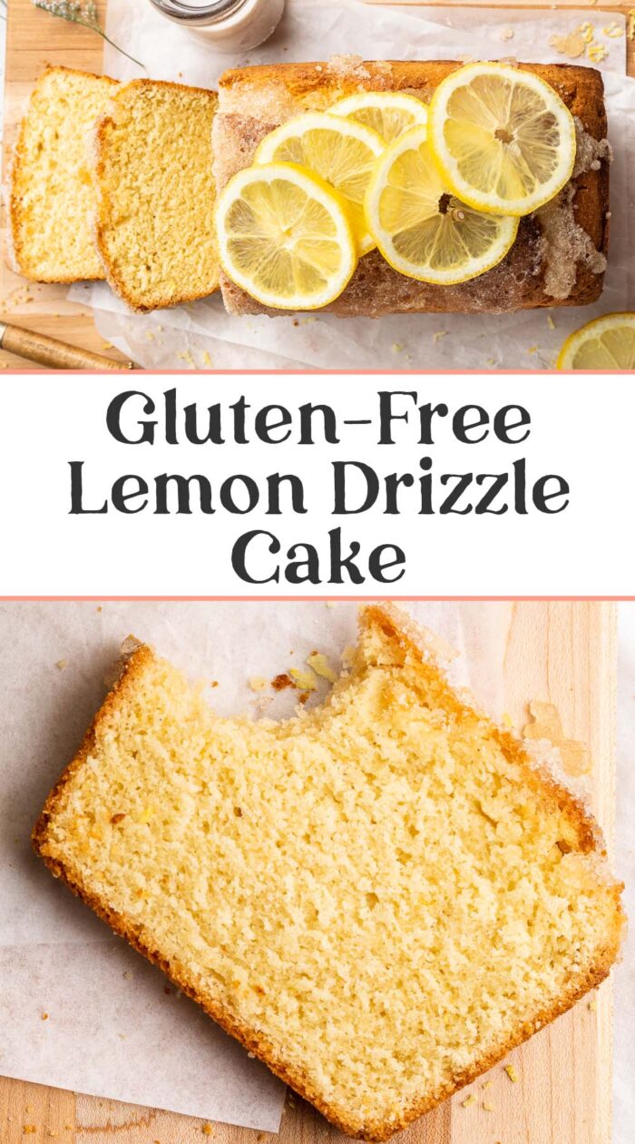 Pin graphic for gluten-free lemon drizzle cake.