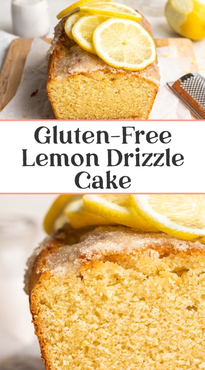 Pin graphic for gluten-free lemon drizzle cake.