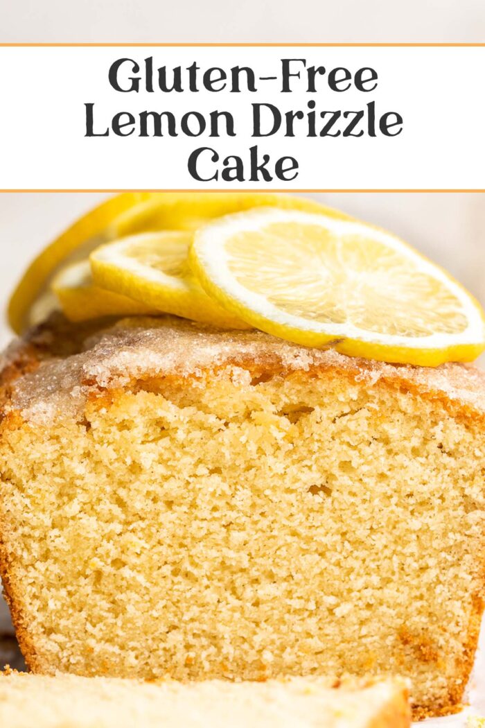 Pin graphic for gluten-free lemon drizzle cake.