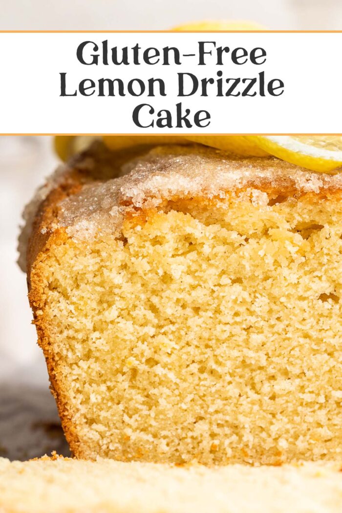 Pin graphic for gluten-free lemon drizzle cake.