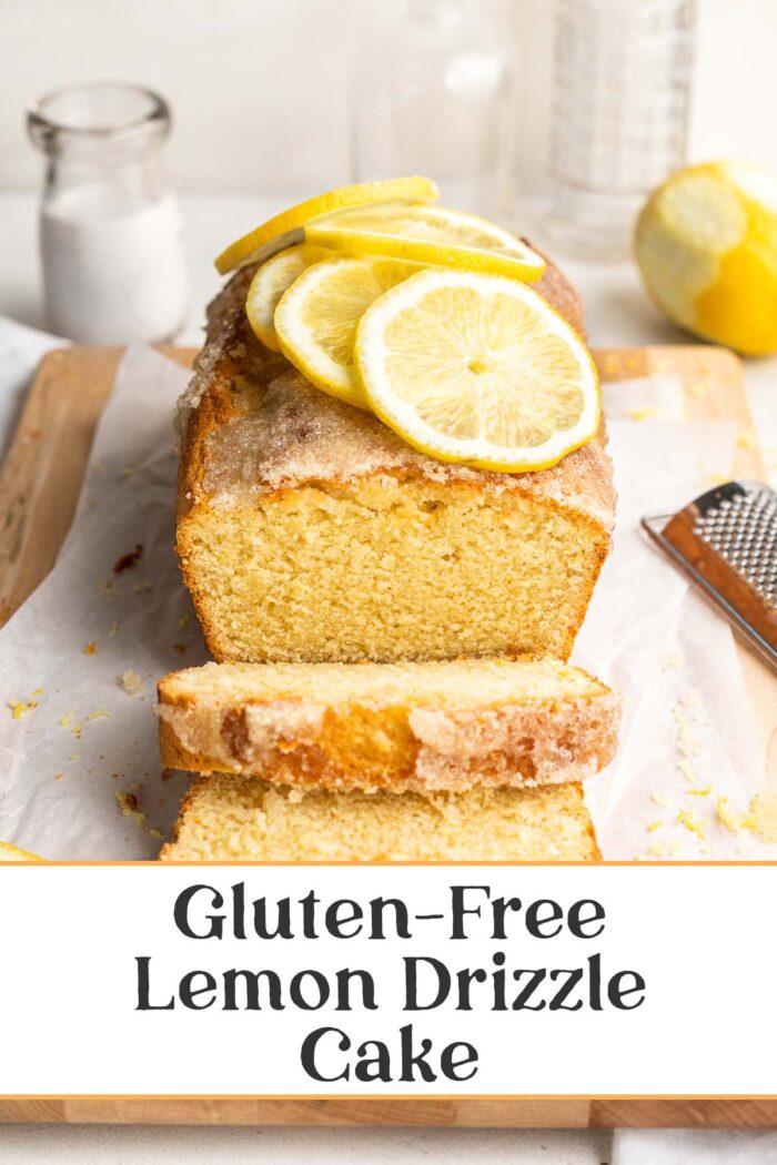 Pin graphic for gluten-free lemon drizzle cake.