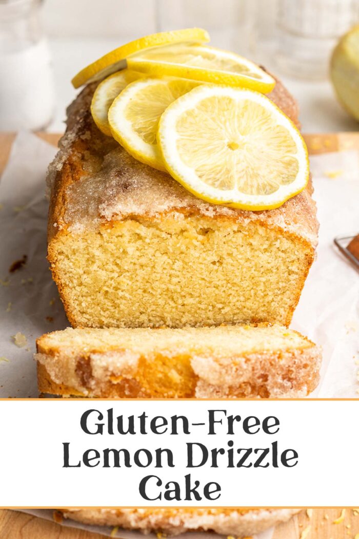 Pin graphic for gluten-free lemon drizzle cake.