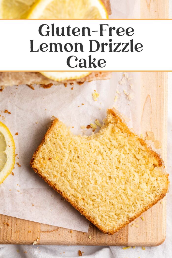 Pin graphic for gluten-free lemon drizzle cake.