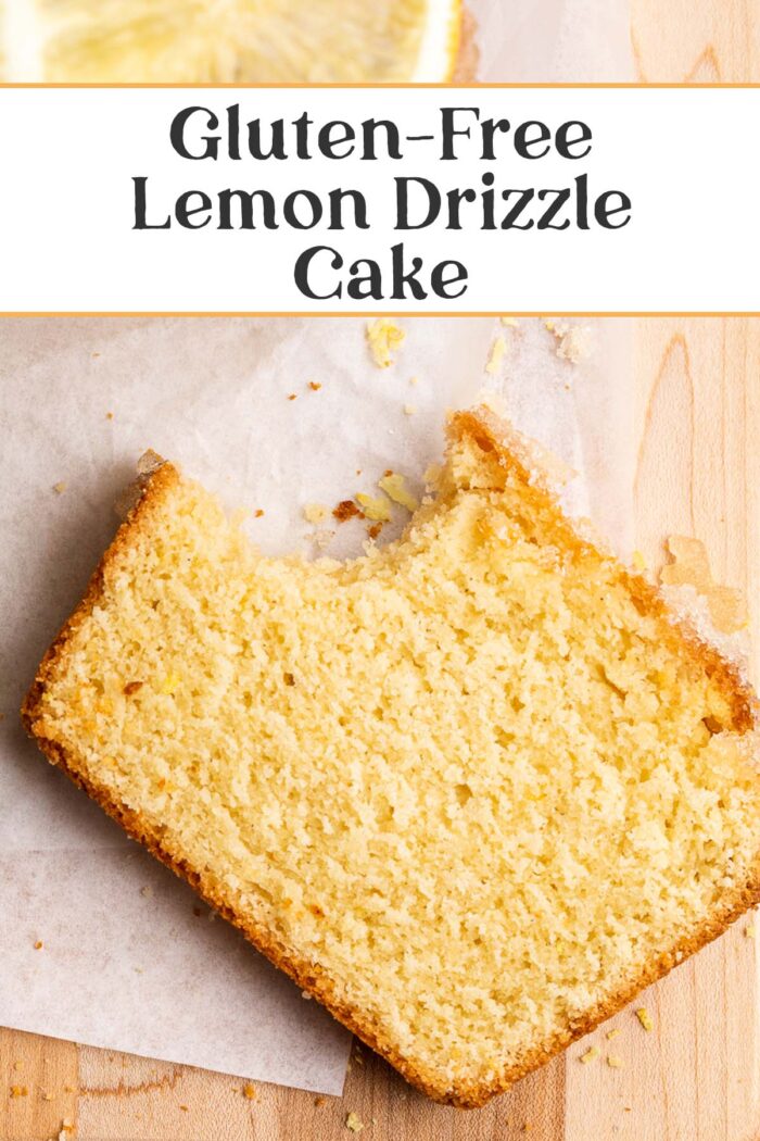 Pin graphic for gluten-free lemon drizzle cake.