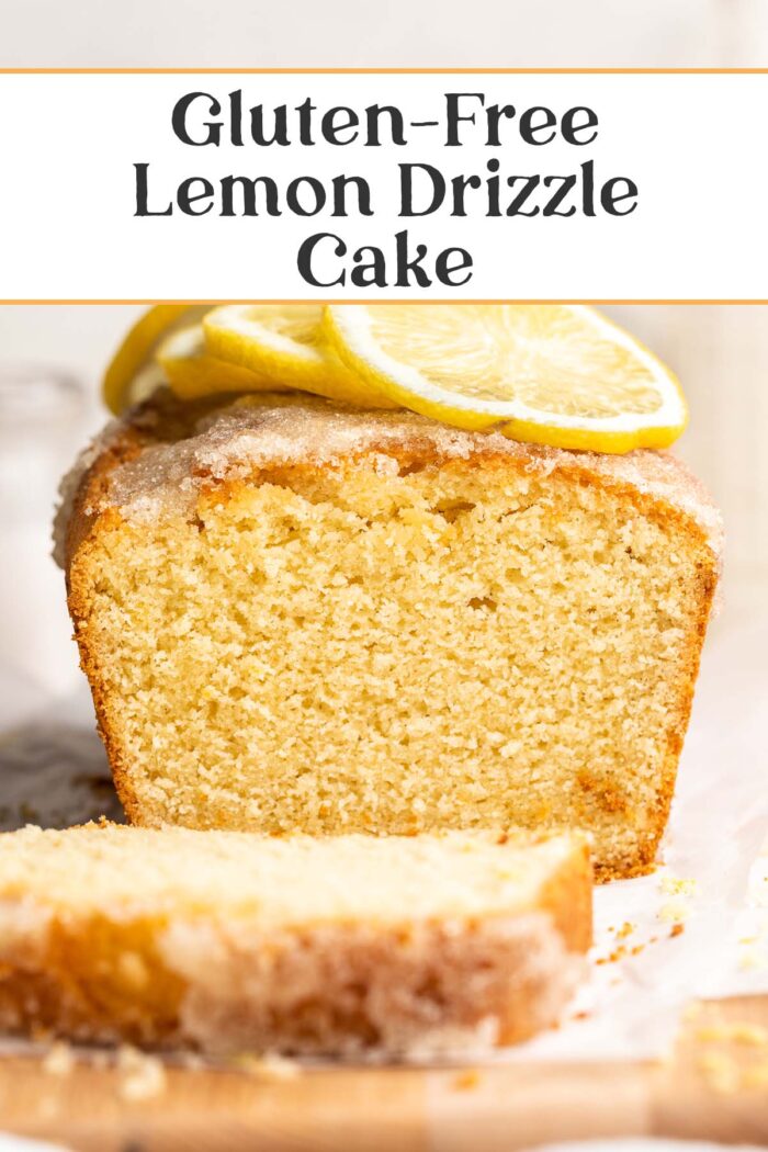 Pin graphic for gluten-free lemon drizzle cake.