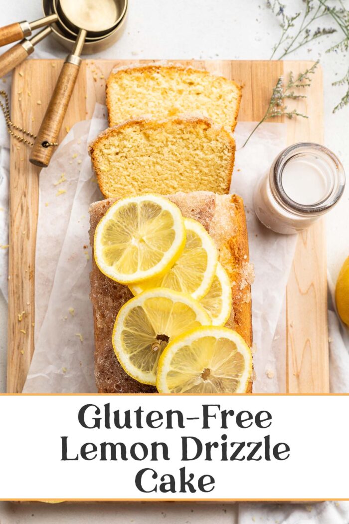 Pin graphic for gluten-free lemon drizzle cake.