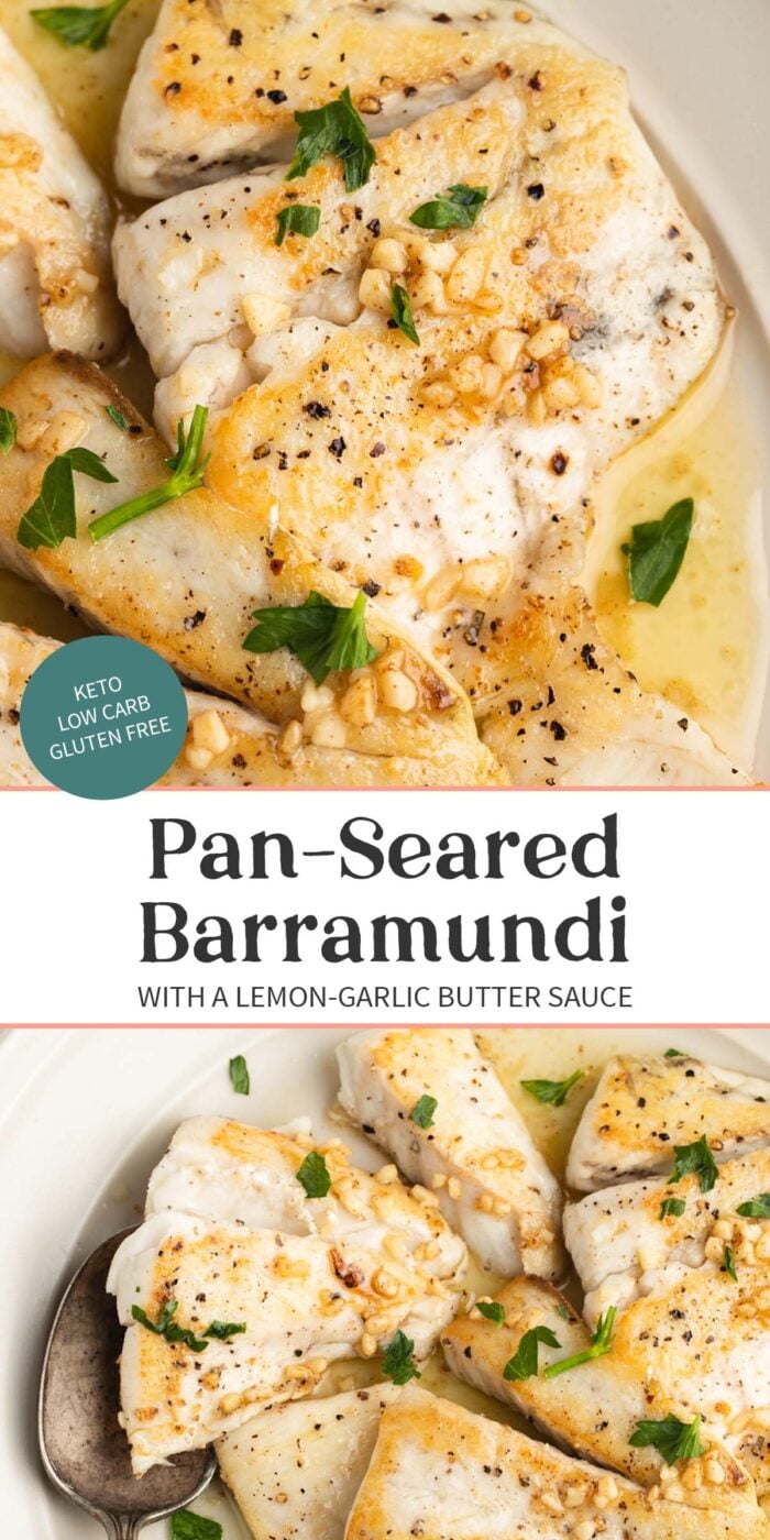 Pin graphic for lemon garlic barramundi.