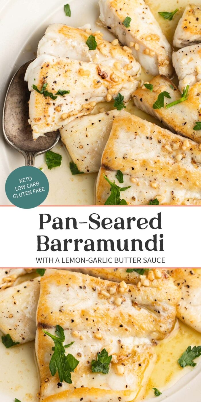 Pin graphic for lemon garlic barramundi.