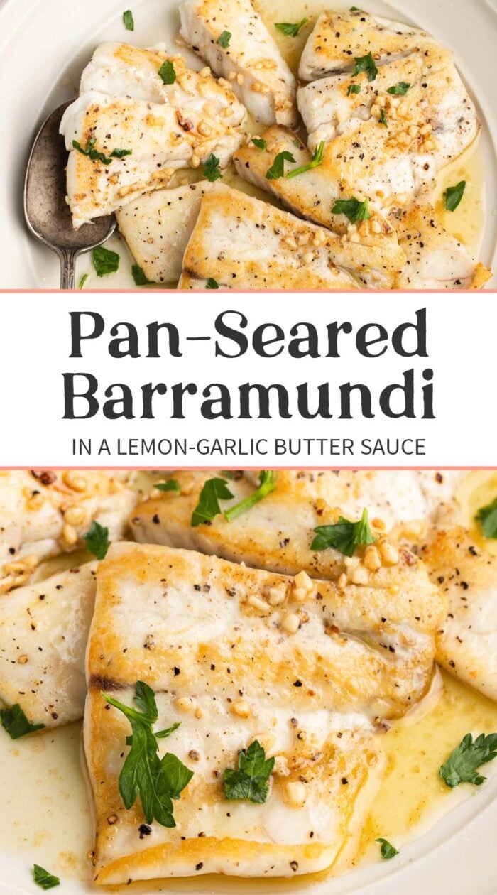 Pin graphic for lemon garlic barramundi.