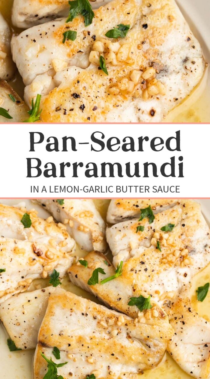 Pin graphic for lemon garlic barramundi.