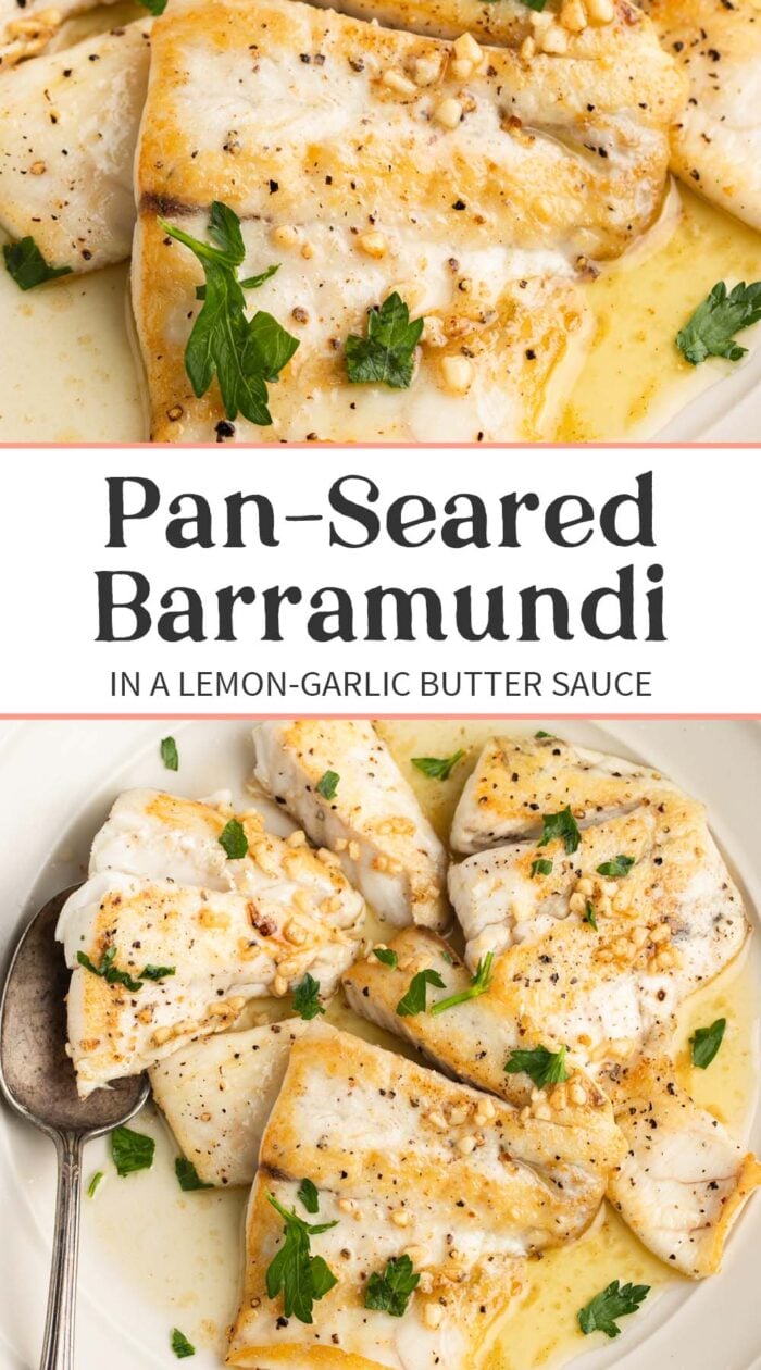 Pin graphic for lemon garlic barramundi.