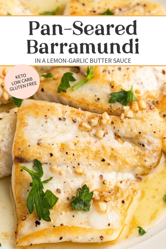 Pin graphic for lemon garlic barramundi.