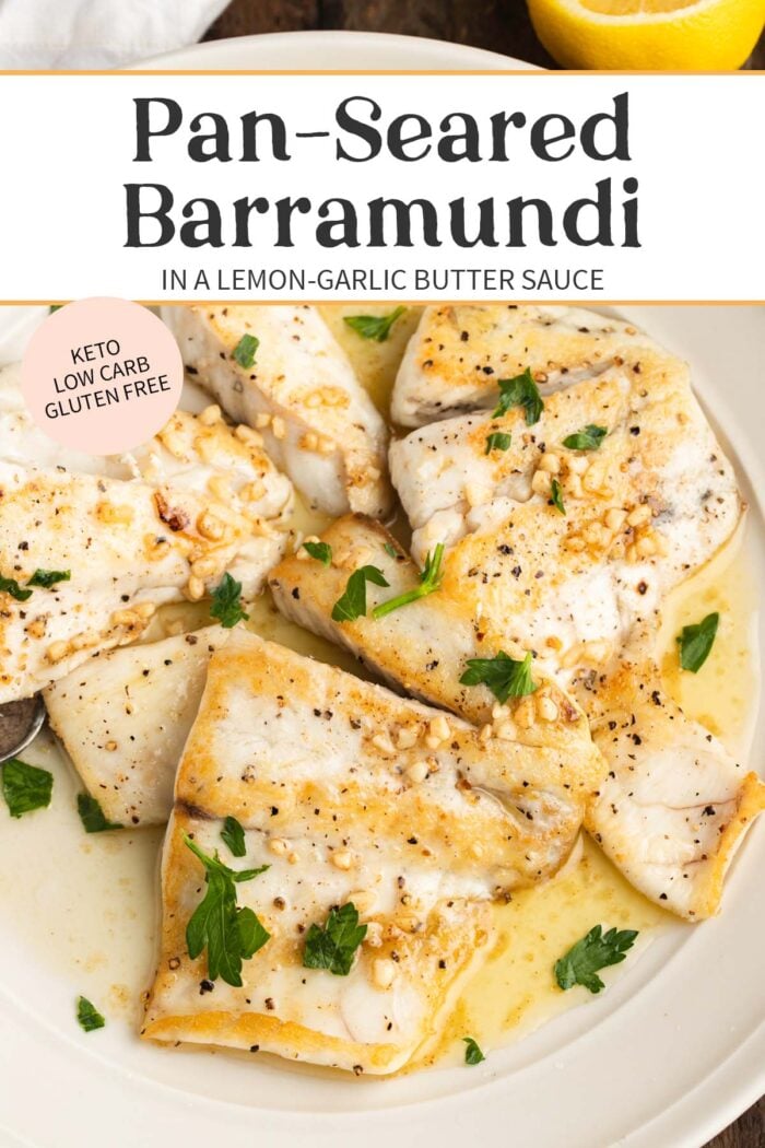 Pin graphic for lemon garlic barramundi.