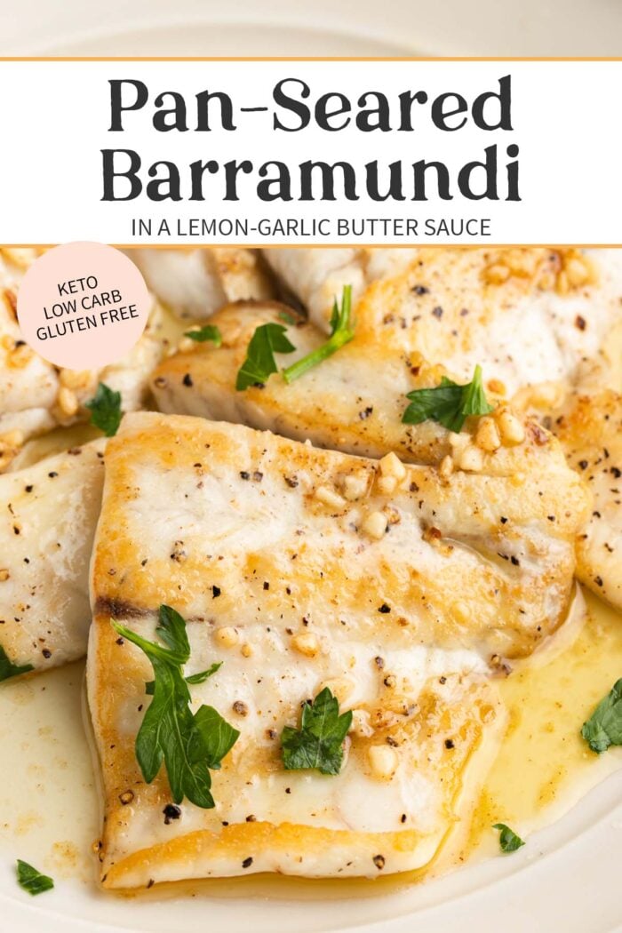 Pin graphic for lemon garlic barramundi.