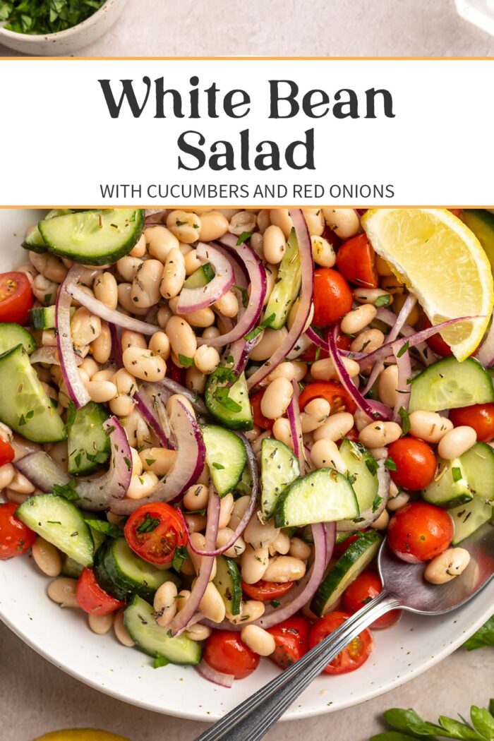 Pin graphic for white bean salad.