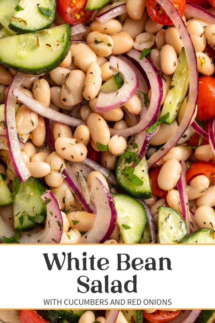 Pin graphic for white bean salad.