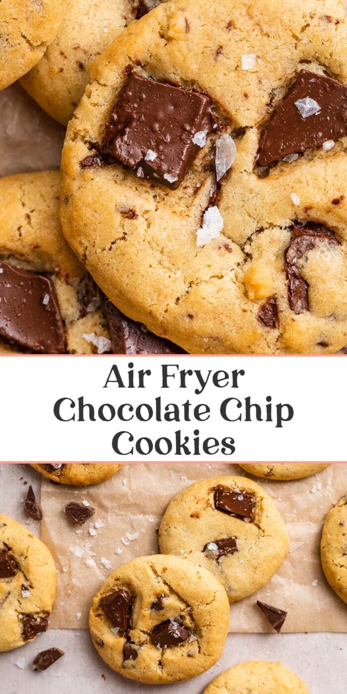 Pin graphic for air fryer chocolate chip cookies.