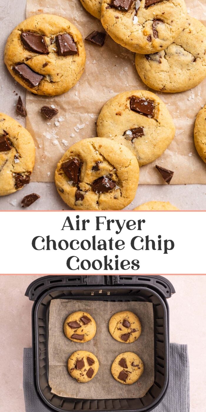 Pin graphic for air fryer chocolate chip cookies.