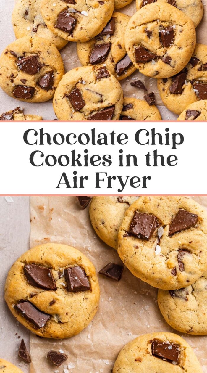 Pin graphic for air fryer chocolate chip cookies.