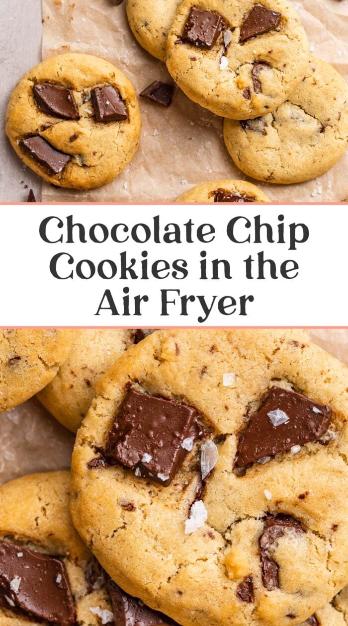 Pin graphic for air fryer chocolate chip cookies.