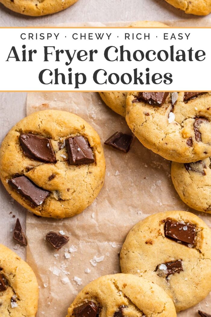 Pin graphic for air fryer chocolate chip cookies.