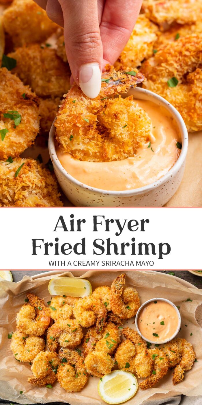 Pin graphic for air fryer fried shrimp.