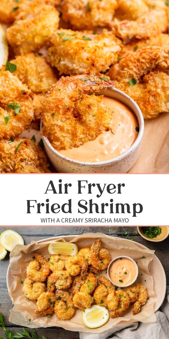 Pin graphic for air fryer fried shrimp.