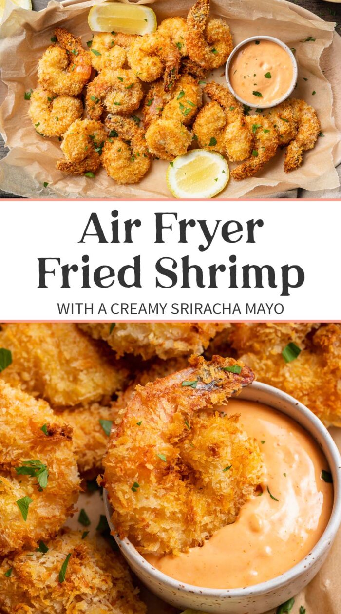 Pin graphic for air fryer fried shrimp.