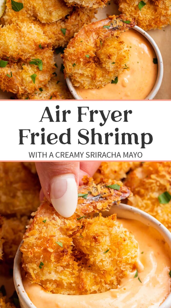 Pin graphic for air fryer fried shrimp.