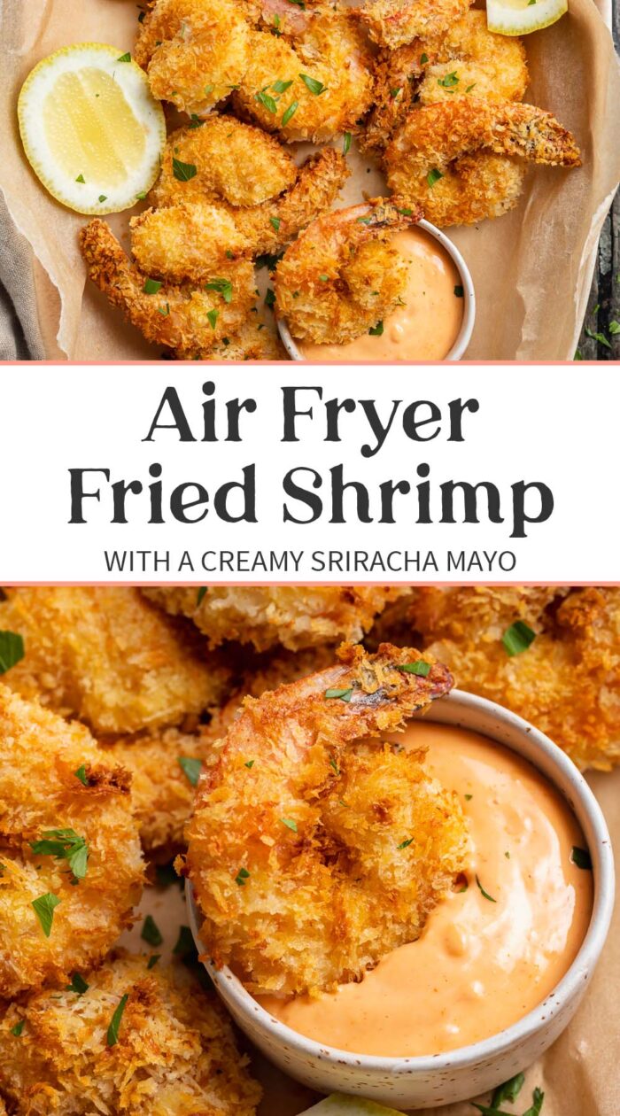 Pin graphic for air fryer fried shrimp.