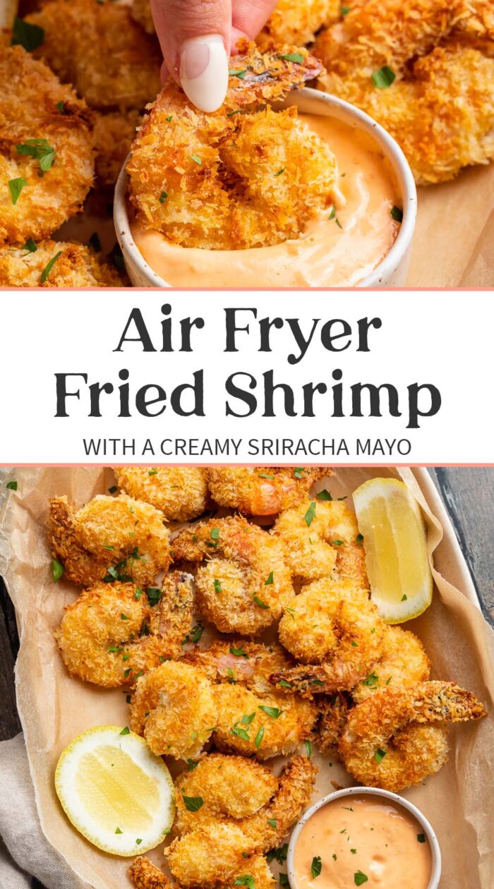 Pin graphic for air fryer fried shrimp.