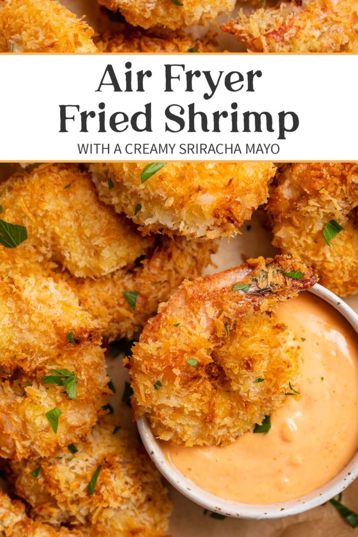 Pin graphic for air fryer fried shrimp.