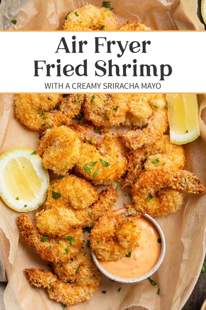 Pin graphic for air fryer fried shrimp.