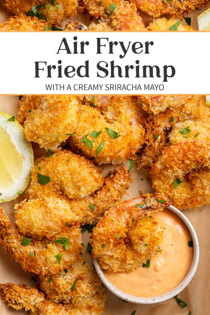 Pin graphic for air fryer fried shrimp.