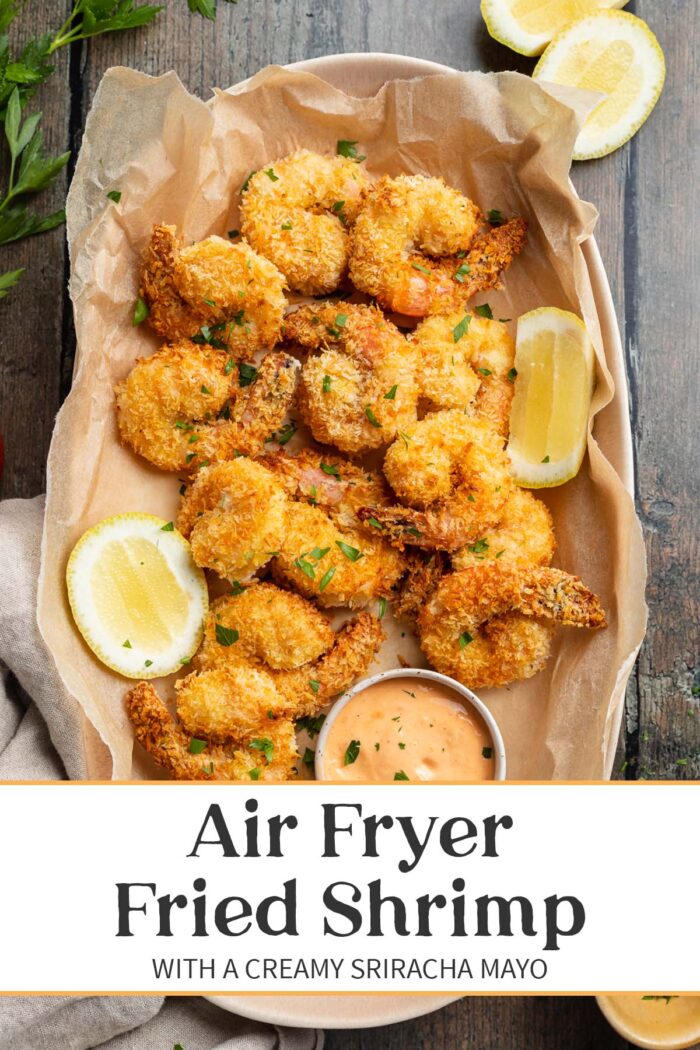 Pin graphic for air fryer fried shrimp.