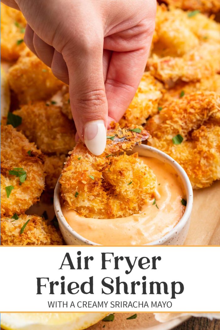 Pin graphic for air fryer fried shrimp.