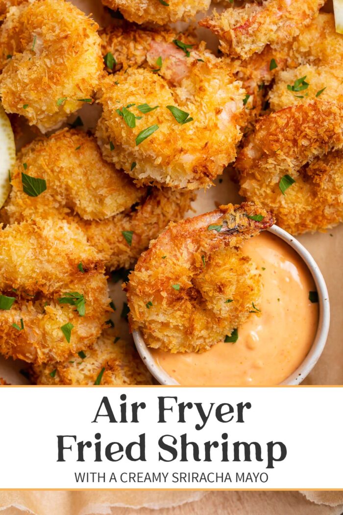 Pin graphic for air fryer fried shrimp.