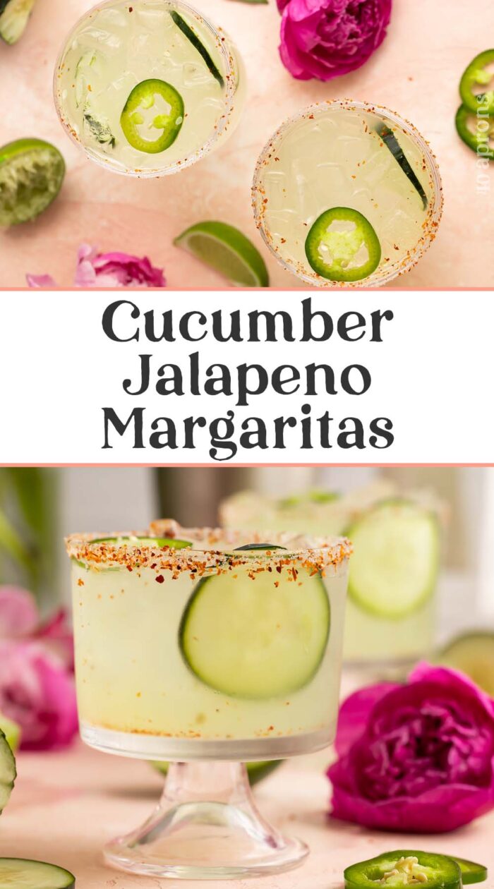 Pin graphic for cucumber jalapeno margarita.